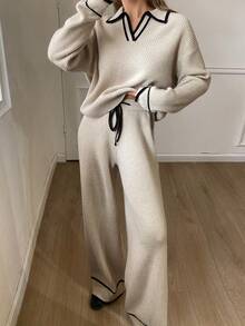 DAZY 女士休闲撞色针织毛衣和裤子两件套，秋冬 - 卡其色 - 查看 3