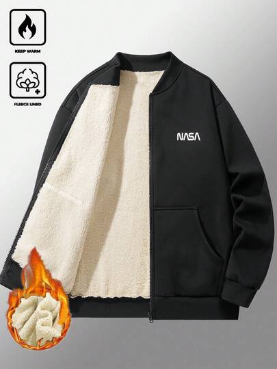 Manfinity Homme Men's Autumn/Winter Printed Jacket, Casual Streetwear Thermal Lined Stand Collar Sweatshirt Coat With Pockets, Black Sweatshirt Jacket Men Street Wear Zip Up Thermal Lined Jacket Bomber Jacket Streetwear Jacket Daily Leisure, Weekend Trips, Outdoor Activities, Travel Expeditions, Relaxed Work Environments Or Semi-Formal Occasions,Boyfriend/Husband Gift, Anniversary Gift