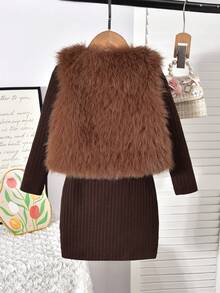 SHEIN Set Long Sleeve Girls Vintage Brown Bow Furry Vest And Turtleneck Colorblock Plaid Pleated Dress, Sweet & Cute Daily, Party - Multicolor - View 3