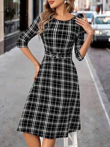 SHEIN Clasi Rochie de damă cu curea în carouri - Alb-negru - Vizualizare 10