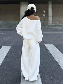 SHEIN EZwear 2 件套女士宽松露肩运动衫和阔腿运动裤套装，厚保暖内衬，适合秋冬、秋季 - 白色 - 查看 2