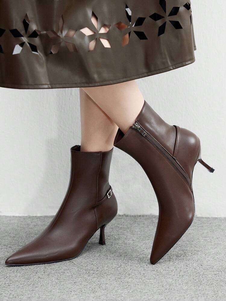 CUCCOO BIZCHIC Coffee Pointed Toe Stiletto Heel Fashion Ankle Boots, Versatile For Commuting, Shopping, Work, Party & Casual Wear - Coffee Brown - View 1
