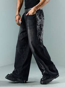 ROMWE MEN Goth 男式印花口袋宽松牛仔裤 - 黑色 - 查看 4