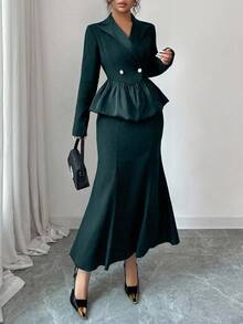 Modelyn Set de costum de damă cu talie tip patchwork din material negru, cu tiv tip coadă de pește