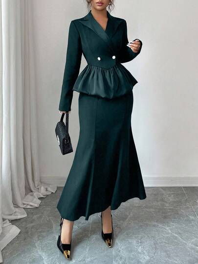 Modelyn Black Fabric Patchwork Waist Fishtail Hem Women's Suit Set