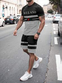 Manfinity Homme 男士撞色条纹圆领T恤和短裤套装 - 彩色 - 查看 1