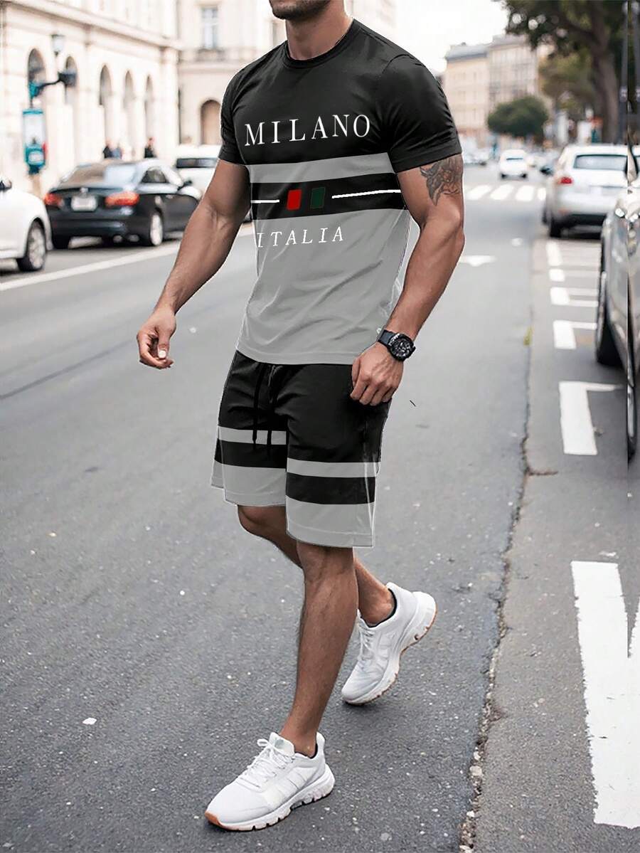 Manfinity Homme 男士撞色条纹圆领T恤和短裤套装 - 彩色 - 查看 1