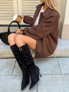 Livesso 女士休闲宽松麂皮夹克，立领，适合秋冬春 - 棕色 - 查看 4