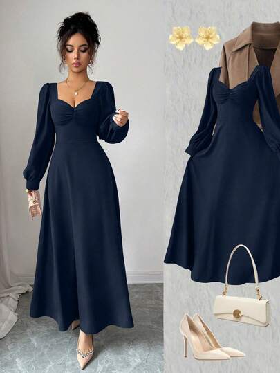 Elenzga Women's Elegant Square Neck Puff Sleeve Waist Cinched Maxi Dress, Suitable For Daily Commute