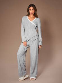 Lazeform 女士针织休闲V领撞色纽扣装饰V领长袖上衣和裤子睡衣套装，女士家居服套装，针织睡衣两件套，女士针织家居服，秋冬服装 - 彩色 - 查看 6