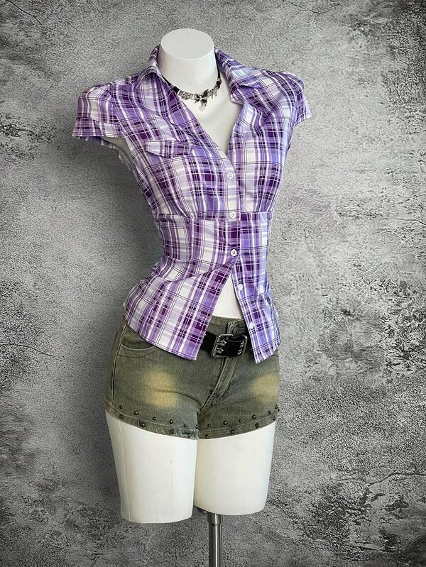 StreetHx Blue Plaid Cap Sleeve Fitted Shirt For Women