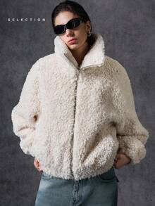 LYSMO Chaqueta de mujer de unicolor y suave, versátil y de moda, para otoño/invierno - Beis - Ver 4