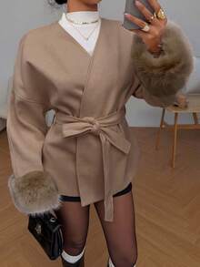 SHEIN EZwear 女士纯色落肩长袖仿毛皮袖口和腰带设计时尚大衣，秋冬棕色女式大衣 - 咖啡棕 - 查看 4