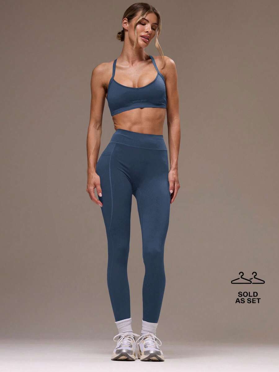 Musera Sport 女士交叉露背上衣和紧身裤运动套装 健身房健身瑜伽普拉提日常休闲 - 藏蓝色 - 查看 1