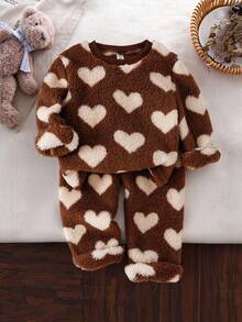 女童休闲爱心印花柔软抓绒长袖上衣和裤子家居服套装 泰迪熊睡衣套装 爱心睡衣套装 两件套睡衣 - 棕色 - 查看 8