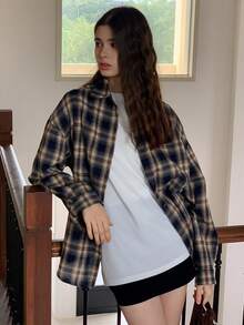 DAZY 少女格纹印花纽扣前开襟宽松长袖衬衫