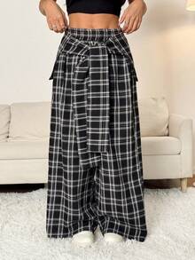 SHEIN PETITE Fall Clothes For Women Going Out Streetwear Plaid Woven Tie-Waist Wide Leg Loose Casual Pants Plaid Pants Checkered Pants - Multicolor - View 2