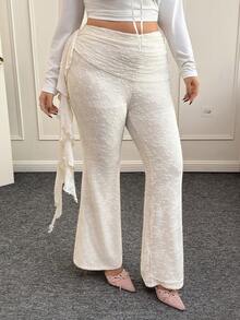 CovetEZ 加大码 Y2K 喇叭裤，荷叶边下摆，蕾丝边，适合秋冬季节假期和约会穿着 - 杏色 - 查看 6