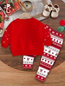 SHEIN Bộ áo nỉ dài tay cổ tròn dày mềm mại họa tiết tuần lộc Giáng sinh dễ thương và hài hước cho bé gái, phù hợp cho mùa thu/đông - Nhiều màu - Xem 3