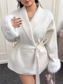 CovetEZ Plus Size Women's Autumn/Winter Shawl Neck Belted Fuzzy Cuff Overcoat - Beige - View 1
