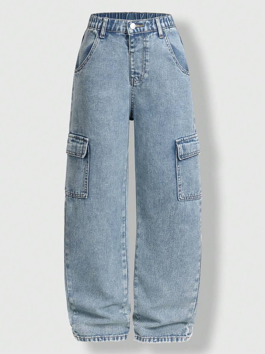 SHEIN Casuvi Kids 适合10岁男孩的儿童礼物推荐：复古街头风多口袋侧边D形环扣黑色牛仔工装直筒裤 - 藍色 - 查看 1