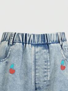 SHEIN Explorewe Tween Girl Girls' Casual Cute Cherry Print Loose Fit Jeans, Featuring Vivid Cherry Graphic With Green Stems Scattered On The Sides, Relaxed Silhouette Suitable For School Uniform, Christmas, Party, School, Vacation, Casual Wear - Blue - View 2