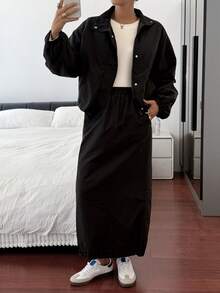 Livesso 女士秋冬加厚休闲宽松户外街头立领夹克外套和直筒裙两件套 - 黑色 - 查看 9