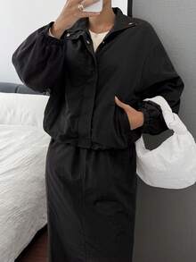 Livesso 女士秋冬加厚休闲宽松户外街头立领夹克外套和直筒裙两件套 - 黑色 - 查看 8