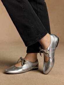 Rosivie 女士新款黑色圆头平底鞋，弹力皮革时尚芭蕾平底鞋，舒适防滑外底，适合户外、日常通勤、春夏季 - 銀色 - 查看 6