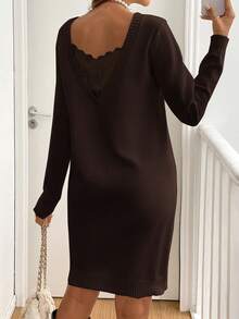 SHEIN Frenchy Ladies' Lace Splice Long Sleeve Ruffle Hem Casual Short Sweater Dress In Fall/Winter Brown - Brown - View 3