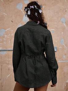 COUREZ 长袖修身格子衬衫 / 女士 Y2K 复古外出上衣 优雅外出装 - 黑色 - 查看 3