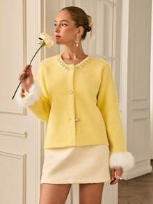 Chiquease 女士圆领时尚装饰开衫，黄色 - 黃色 - 查看 3