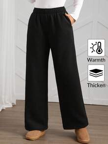 Easowa Women's Thermal Lined Straight Leg Pants With Pockets And Elastic Waistband, Black, Autumn/Winter Winter Women Clothes - Black - View 4