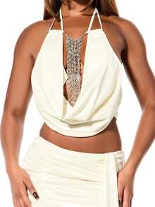 SUMWON WOMEN Conjunto de top halter y minifalda con adorno de malla metálica, atuendo para fiesta y club - Beis - Ver 6