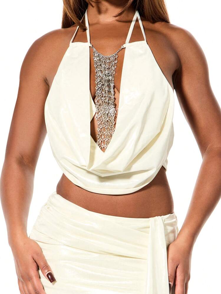SUMWON WOMEN Metallic Mesh Halterneck Top And Mini Skirt Co-Ord