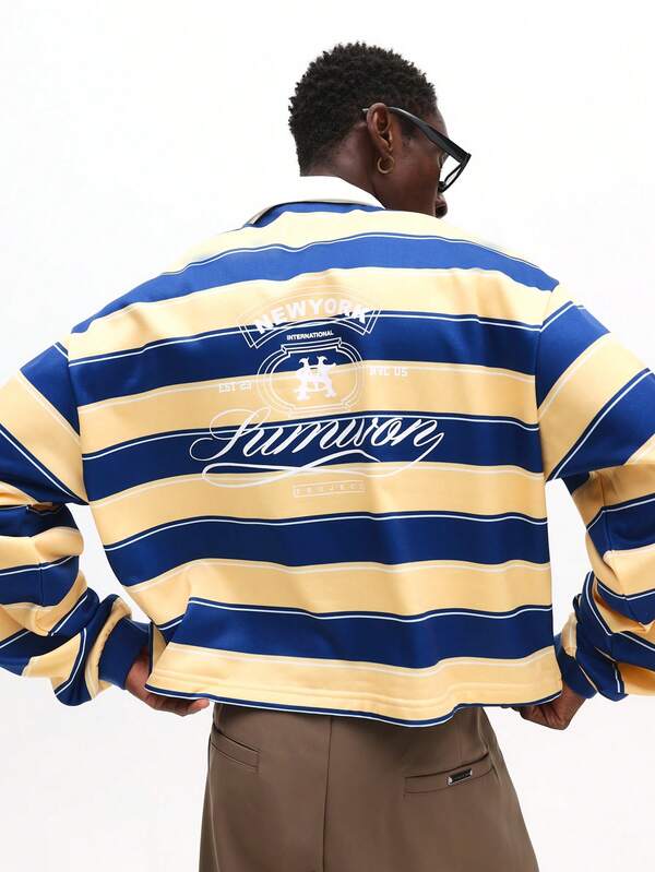 SUMWON Polo de rugby de manga larga con ajuste ceñido y rayas, con cuello blanco en contraste para uso casual