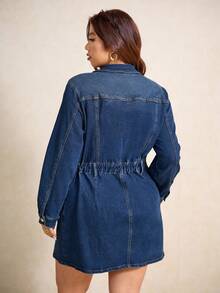 Elaquor 大码女式弹力修身牛仔休闲长袖短款牛仔连衣裙，初秋 - 深色水洗藍 - 查看 2