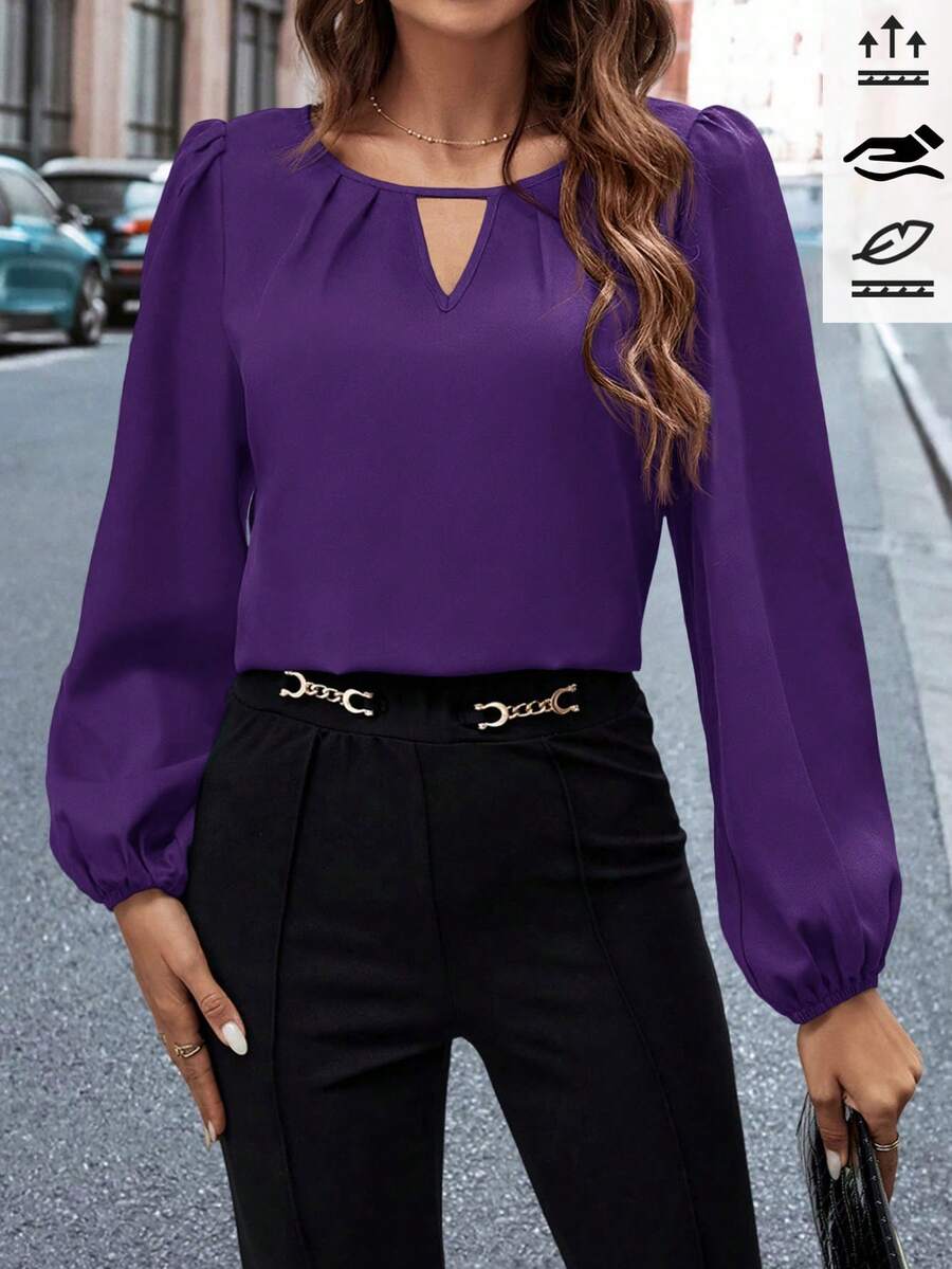 Editum 女士纯色镂空领褶皱衬衫、长袖上衣