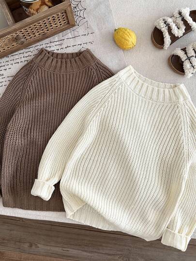 SHEIN 2 件套男童纯色高领舒适插肩袖毛衣套装，可分层穿着或外套