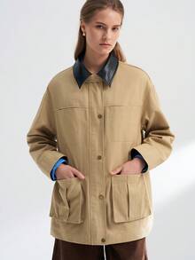 INAWLY Áo khoác da nữ dáng rộng nhiều túi cổ và tay áo tương phản - Màu Khaki - Xem 4