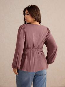 Elaquor Áo cánh tay đèn lồng xếp ly thêu khoét rỗng phía trước thời trang cho nữ cỡ lớn - Hồng - Xem 2