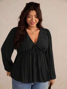 Elaquor Plus Size Women's Casual Solid Color V-Neck Long Sleeve Shirt Plus Size Black Tops Black Babydoll Top/Fall/Winter - Black - View 4