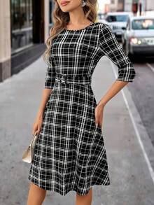 SHEIN Clasi Rochie de damă cu curea în carouri - Alb-negru - Vizualizare 11
