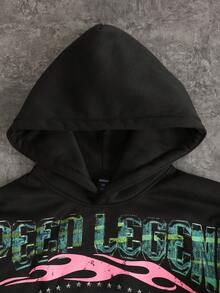 ROMWE MEN Street Life Conjunto de sudadera con capucha y pantalones deportivos holgados con estampado de eslogan y coche de carreras para hombre, ropa urbana - Negro - Ver 3