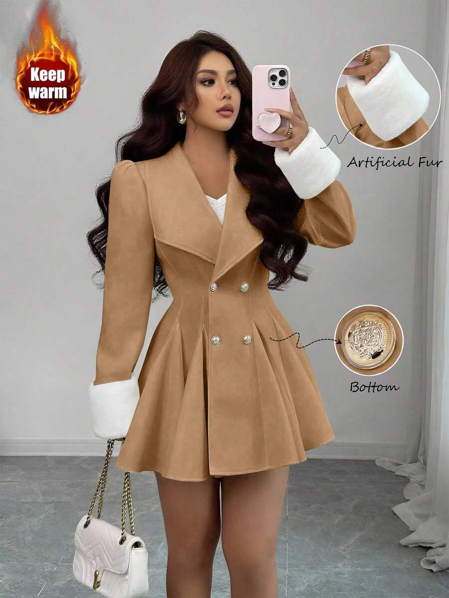 Elenzga 女士貂皮翻领袖口腰部 A 字型优雅日常通勤厚羊毛大衣 - 卡其色 - 查看 1