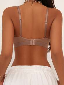 Women's Plain Apricot Casual Bralette With Slight Stretch And Contrast Mesh Detail - Apricot - View 2