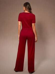 SHEIN 1 Set Solid Color Short Sleeve Top And Pants Casual Outfit Pajama Sets For Women Round Neck Women Lounge Sets Red Pajamas For Women Women Lounge Sets Two Pieces Lounge Set - Burgundy - View 2