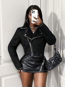 SHEIN BamGlam Women's Motorcycle Composite Thermal Lined Long Sleeve Jacket - Black - View 7