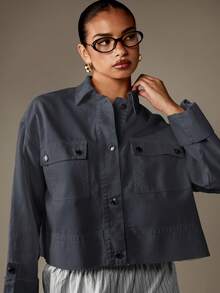 MISSGUIDED Cropped Button Front Denim Shirt Chest Pocket Long Sleeve Collared Jacket - Grey - View 4