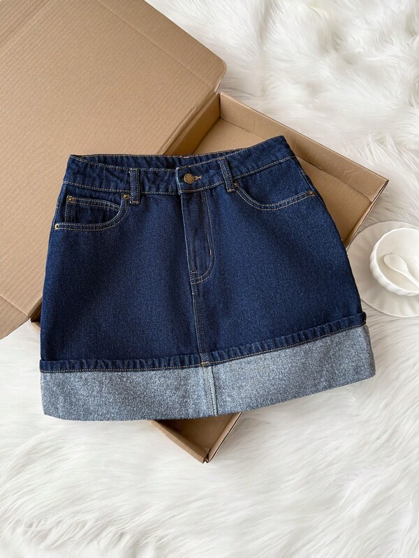 Comfortcana Falda vaquera casual de mujer con bolsillos, ropa de invierno para mujer, vestidos de mujer, falda navideña, ropa para Año Nuevo, falda de mezclilla corta y gruesa para otoño e invierno, falda de mezclilla casual de lavado oscuro, falda vaquera mini con dobladillo enrollado, estilo casual de falda vaquera para mujer